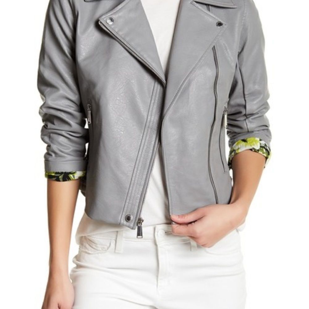 BCBG Faux Leather Front Zip‎ Jacket Gray S